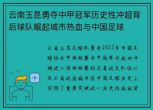 云南玉昆勇夺中甲冠军历史性冲超背后球队崛起城市热血与中国足球 云南玉昆勇夺中甲冠军历史性冲超背后球队崛起城市热血与中国足球